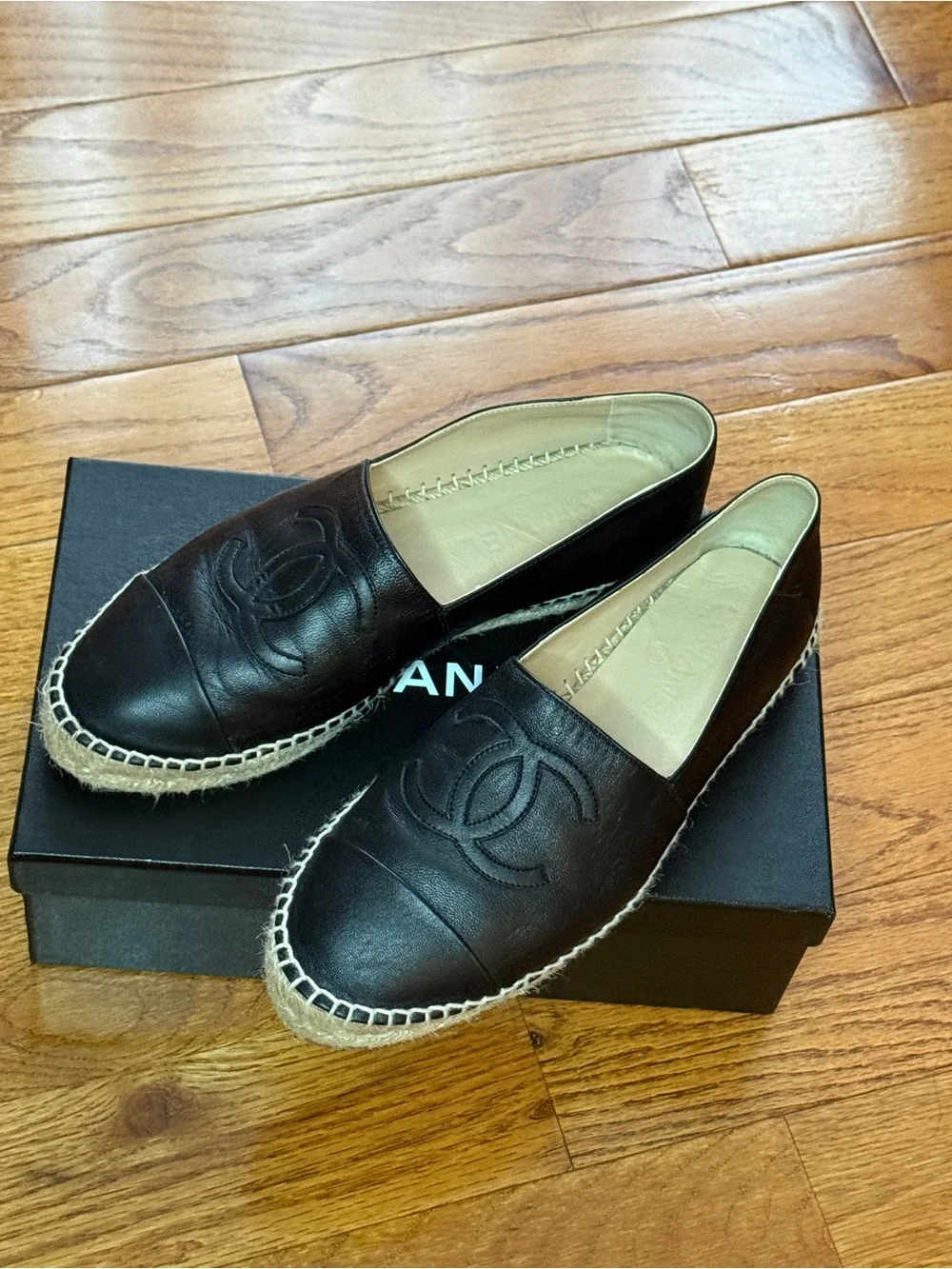 CHANEL Brown Leather Espadrille Flats with Woven Trim